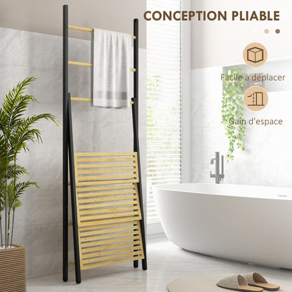 Folding Floor Standing Towel Rack Bathroom Towel Holder with 3 Hanging Bars and 3 Bamboo Shelves Black Metal Frame