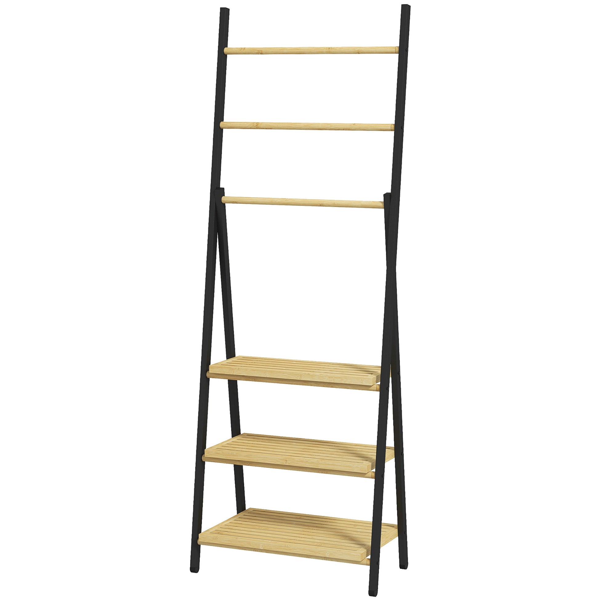 Folding Floor Standing Towel Rack Bathroom Towel Holder with 3 Hanging Bars and 3 Bamboo Shelves Black Metal Frame