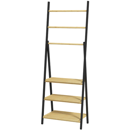Folding Floor Standing Towel Rack Bathroom Towel Holder with 3 Hanging Bars and 3 Bamboo Shelves Black Metal Frame