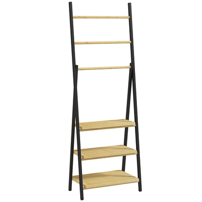 Folding Floor Standing Towel Rack Bathroom Towel Holder with 3 Hanging Bars and 3 Bamboo Shelves Black Metal Frame