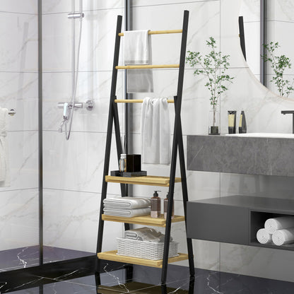 Folding Floor Standing Towel Rack Bathroom Towel Holder with 3 Hanging Bars and 3 Bamboo Shelves Black Metal Frame