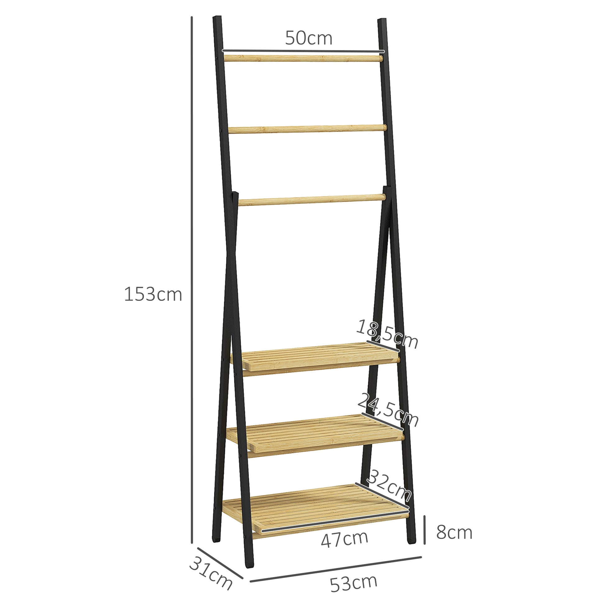 Folding Floor Standing Towel Rack Bathroom Towel Holder with 3 Hanging Bars and 3 Bamboo Shelves Black Metal Frame