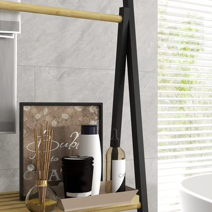 Folding Floor Standing Towel Rack Bathroom Towel Holder with 3 Hanging Bars and 3 Bamboo Shelves Black Metal Frame