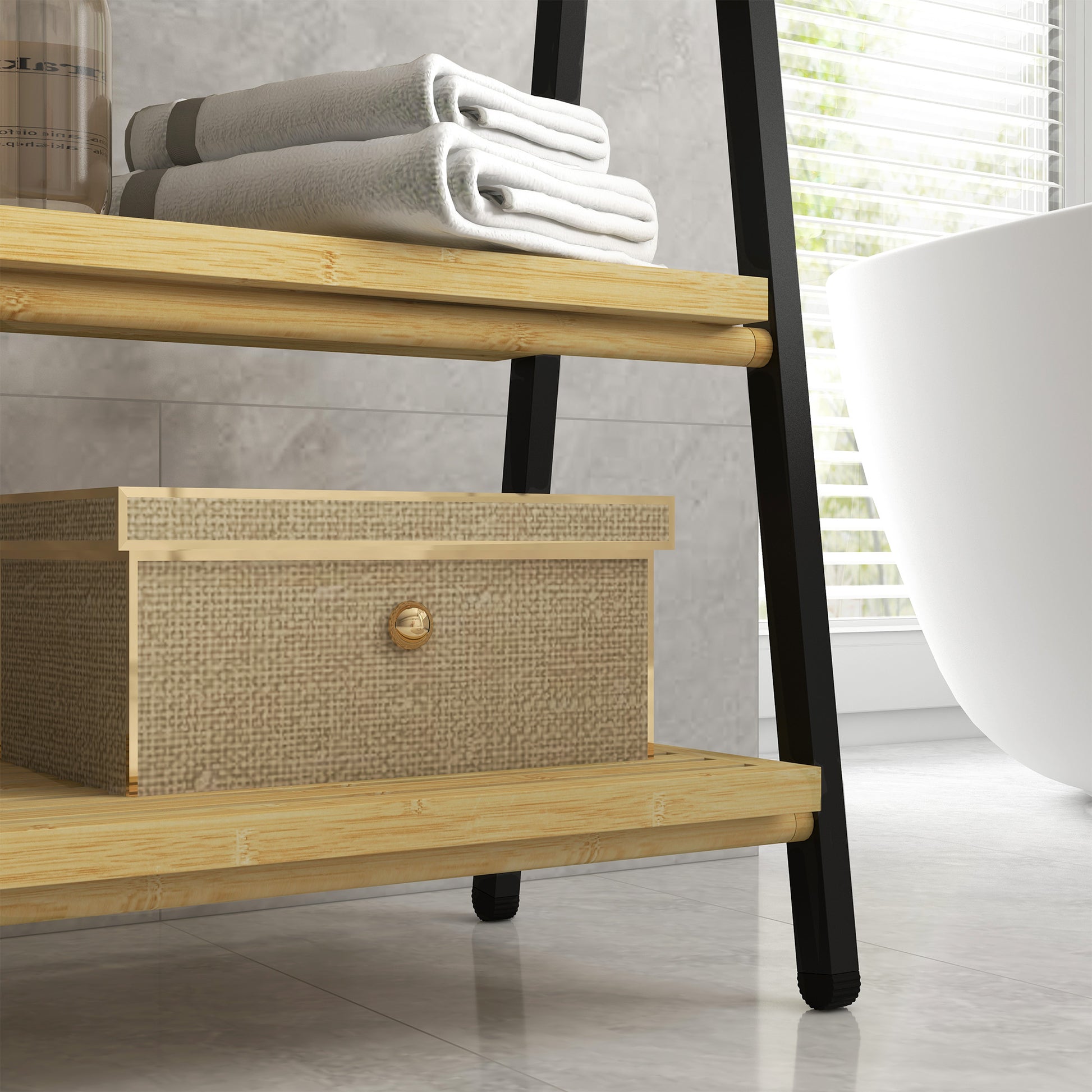 Folding Floor Standing Towel Rack Bathroom Towel Holder with 3 Hanging Bars and 3 Bamboo Shelves Black Metal Frame