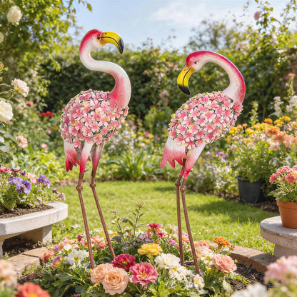 Flamingo Garden Statues Set of 2 — Metal Floral-Feather Birds with U-Stakes, Lawn & Pond Decorations, Red