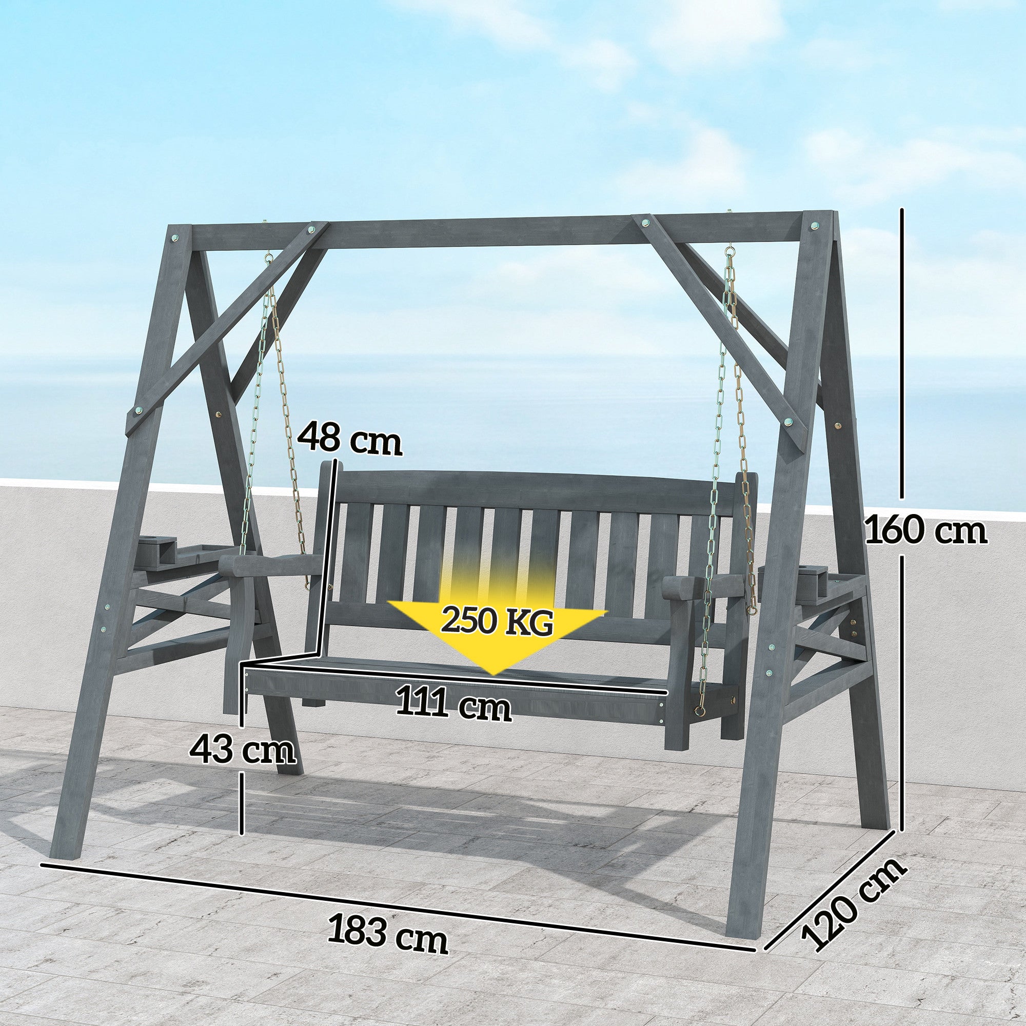 2-Seater Garden Swing — Wooden Bench with Side Tables, Cup Holders & Metal Chains, Gray
