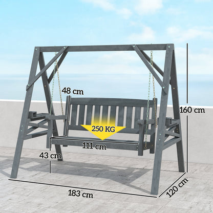 2-Seater Garden Swing — Wooden Bench with Side Tables, Cup Holders & Metal Chains, Gray