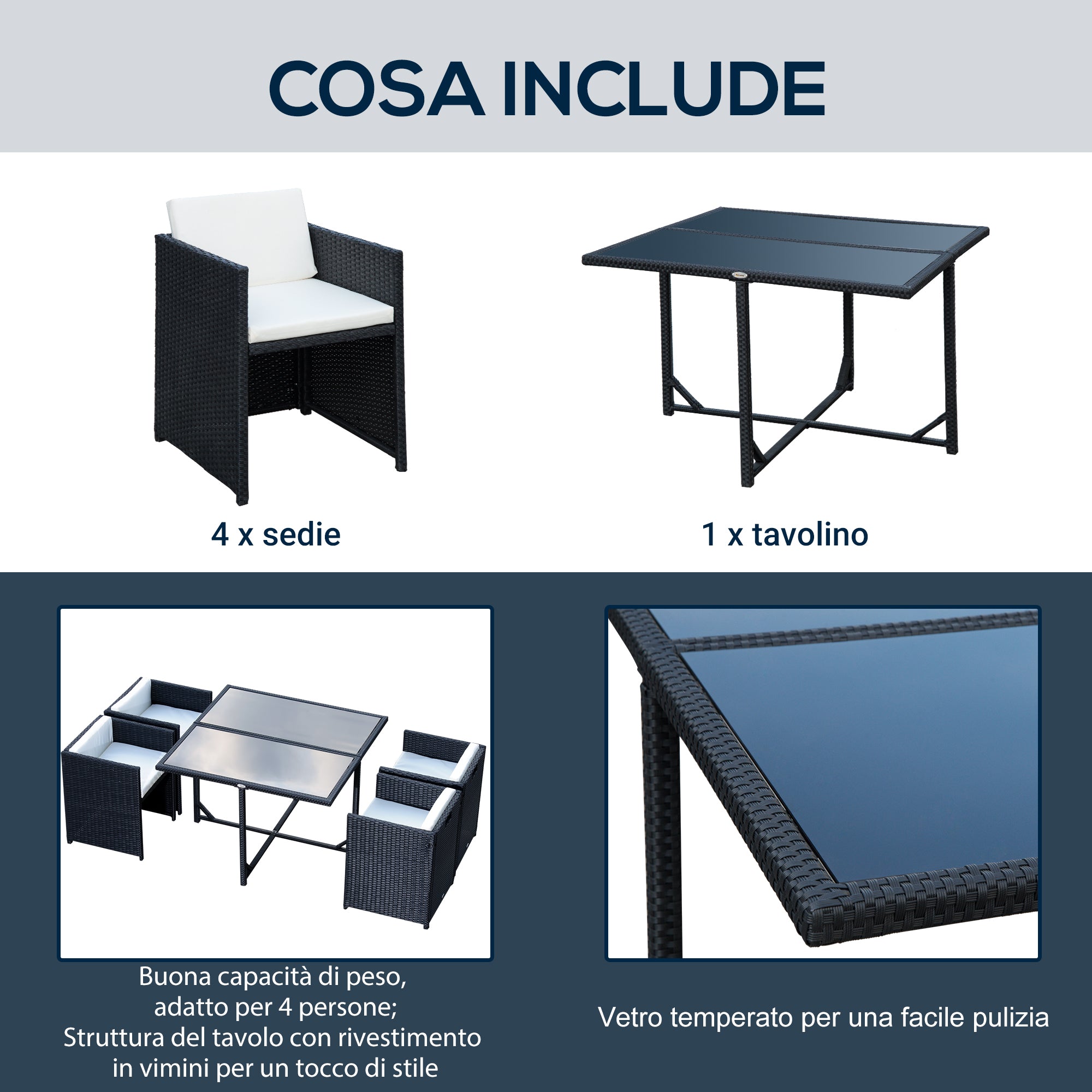 5-Piece Garden Furniture Set Dining Table with 4 Chairs with Combining Cushions, Rectangle, Black, 109x109x72 cm