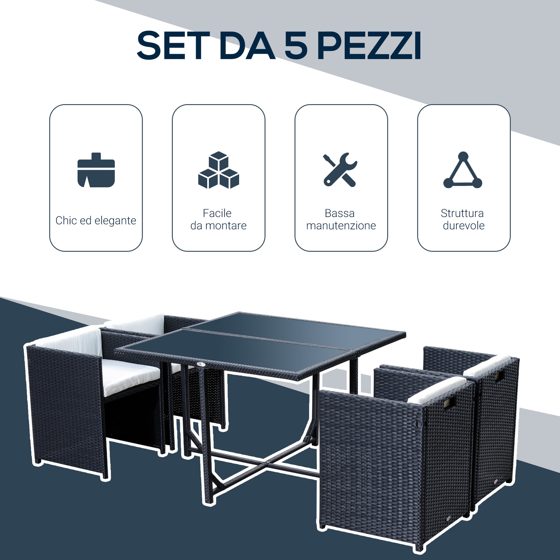 5-Piece Garden Furniture Set Dining Table with 4 Chairs with Combining Cushions, Rectangle, Black, 109x109x72 cm