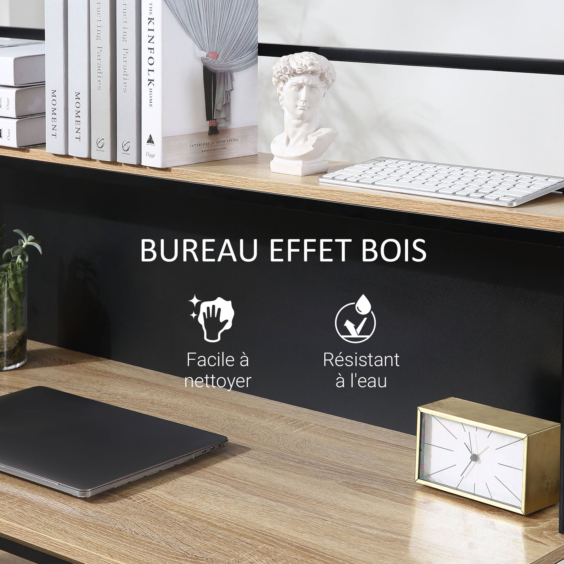 Desk with storage computer desk with 4 shelves, large tabletop, and black panel for living room bedroom 120L x 53W x 126H cm, oak and black