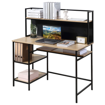 Desk with storage computer desk with 4 shelves, large tabletop, and black panel for living room bedroom 120L x 53W x 126H cm, oak and black