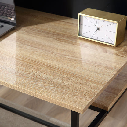 Desk with storage computer desk with 4 shelves, large tabletop, and black panel for living room bedroom 120L x 53W x 126H cm, oak and black