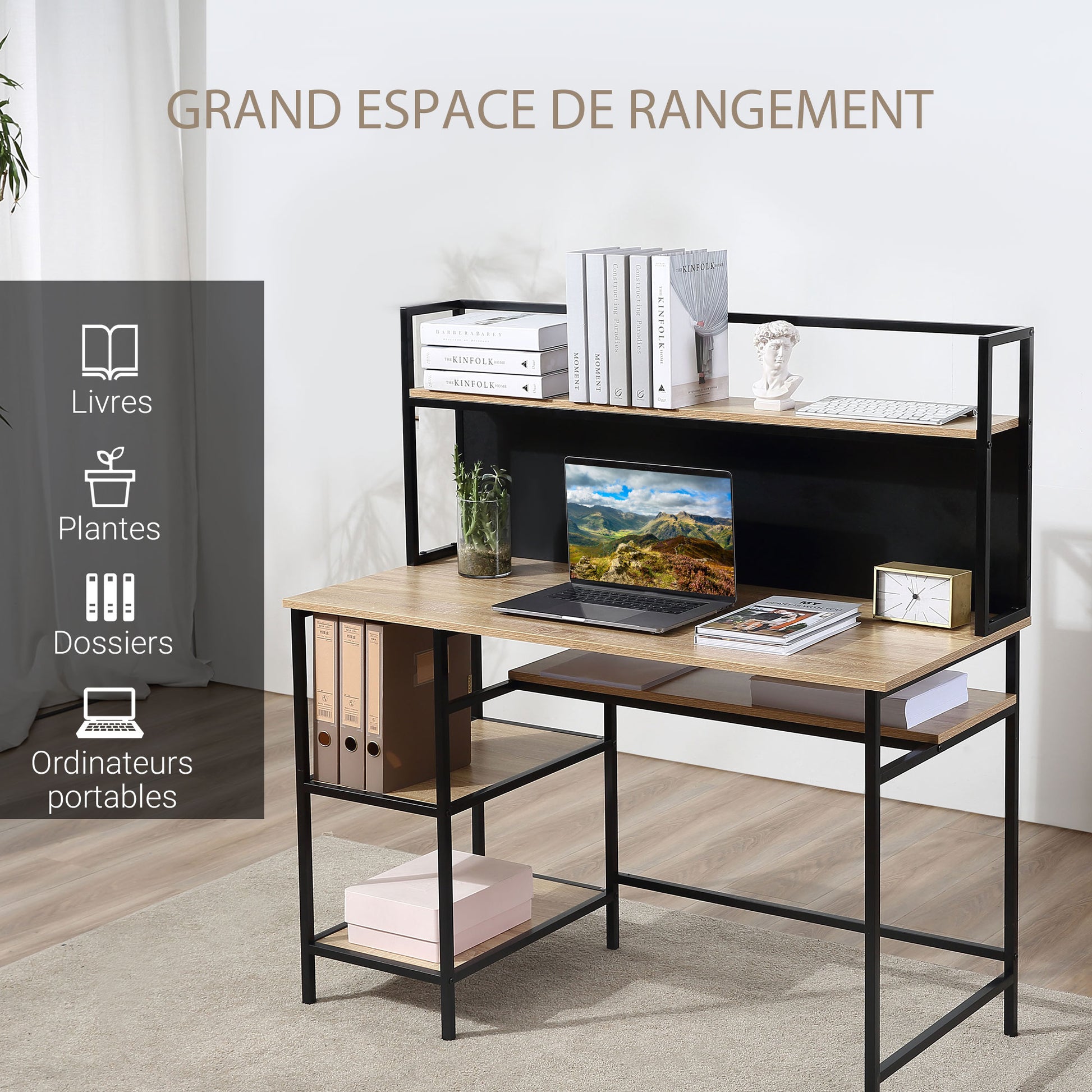Desk with storage computer desk with 4 shelves, large tabletop, and black panel for living room bedroom 120L x 53W x 126H cm, oak and black