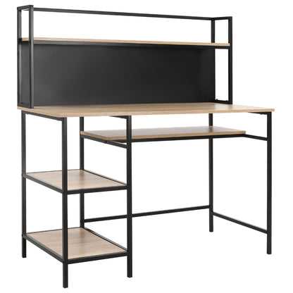 Desk with storage computer desk with 4 shelves, large tabletop, and black panel for living room bedroom 120L x 53W x 126H cm, oak and black