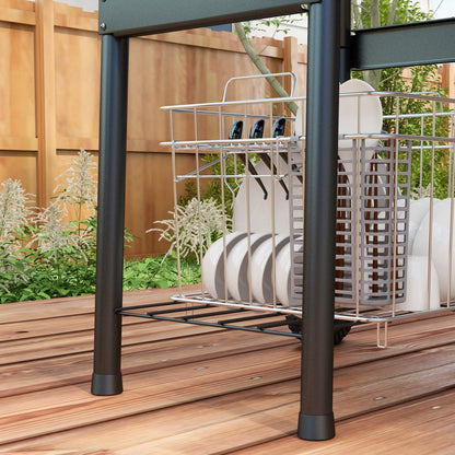 Charcoal Grill Cart with Lid, Shelves Camping Grill with Wheels, Lid, Thermometer, Chimney for Camping Garden Stainless Steel Black