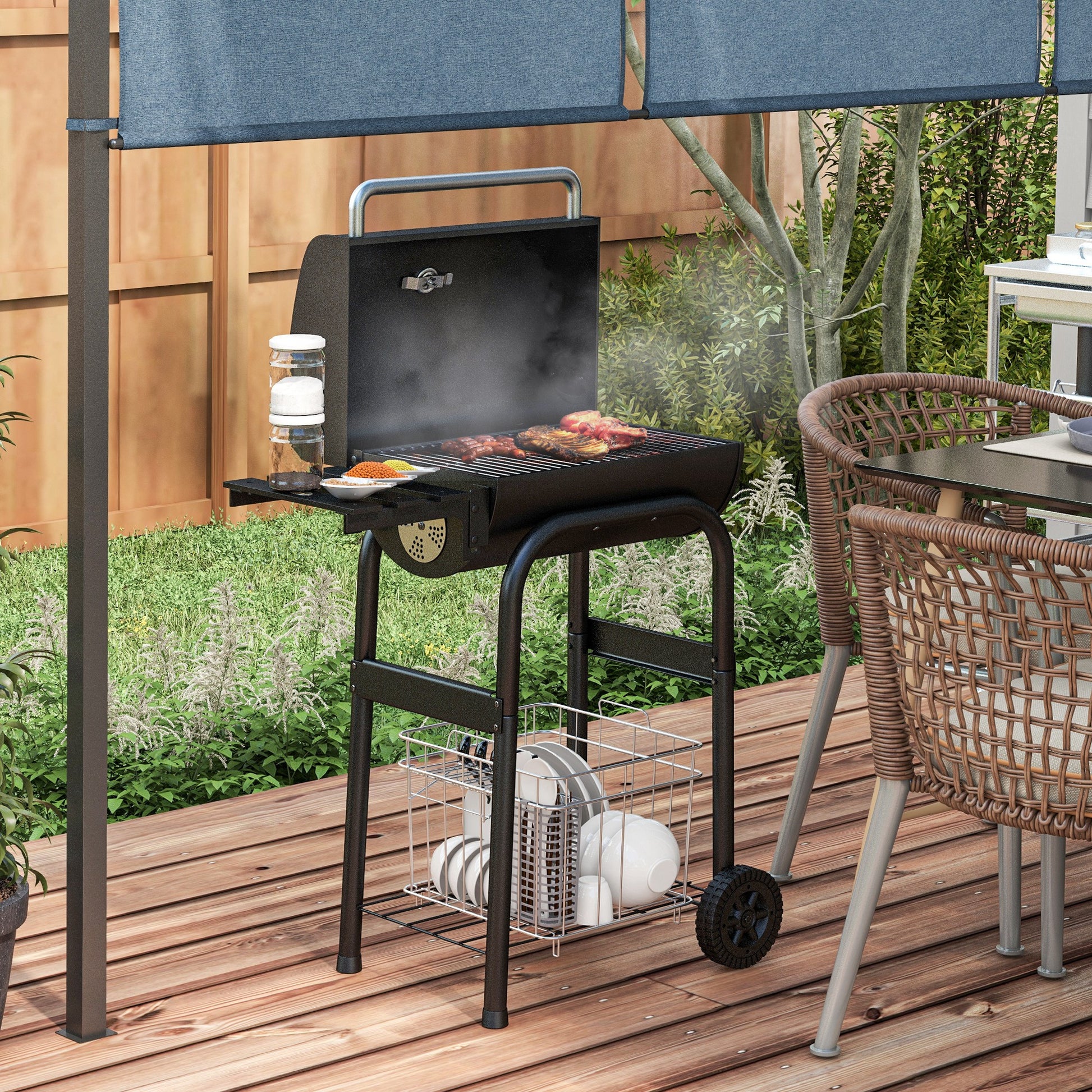 Charcoal Grill Cart with Lid, Shelves Camping Grill with Wheels, Lid, Thermometer, Chimney for Camping Garden Stainless Steel Black