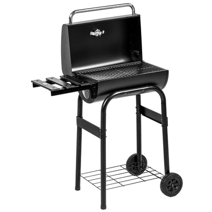 Charcoal Grill Cart with Lid, Shelves Camping Grill with Wheels, Lid, Thermometer, Chimney for Camping Garden Stainless Steel Black