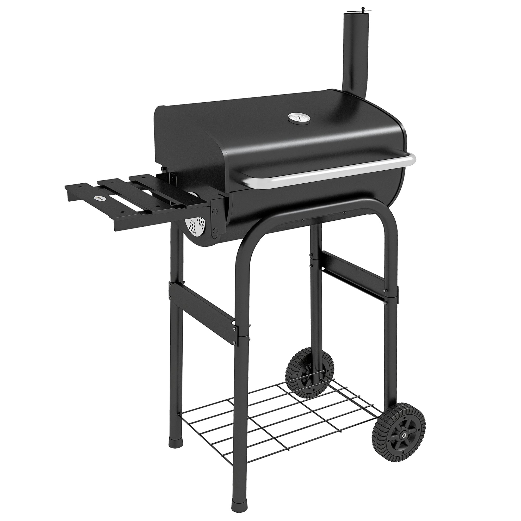 Charcoal Grill Cart with Lid, Shelves Camping Grill with Wheels, Lid, Thermometer, Chimney for Camping Garden Stainless Steel Black