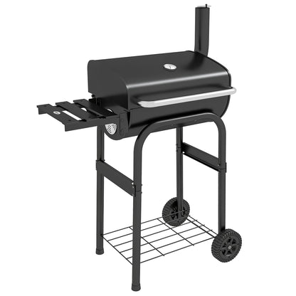 Charcoal Grill Cart with Lid, Shelves Camping Grill with Wheels, Lid, Thermometer, Chimney for Camping Garden Stainless Steel Black