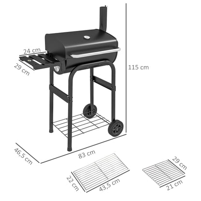 Charcoal Grill Cart with Lid, Shelves Camping Grill with Wheels, Lid, Thermometer, Chimney for Camping Garden Stainless Steel Black