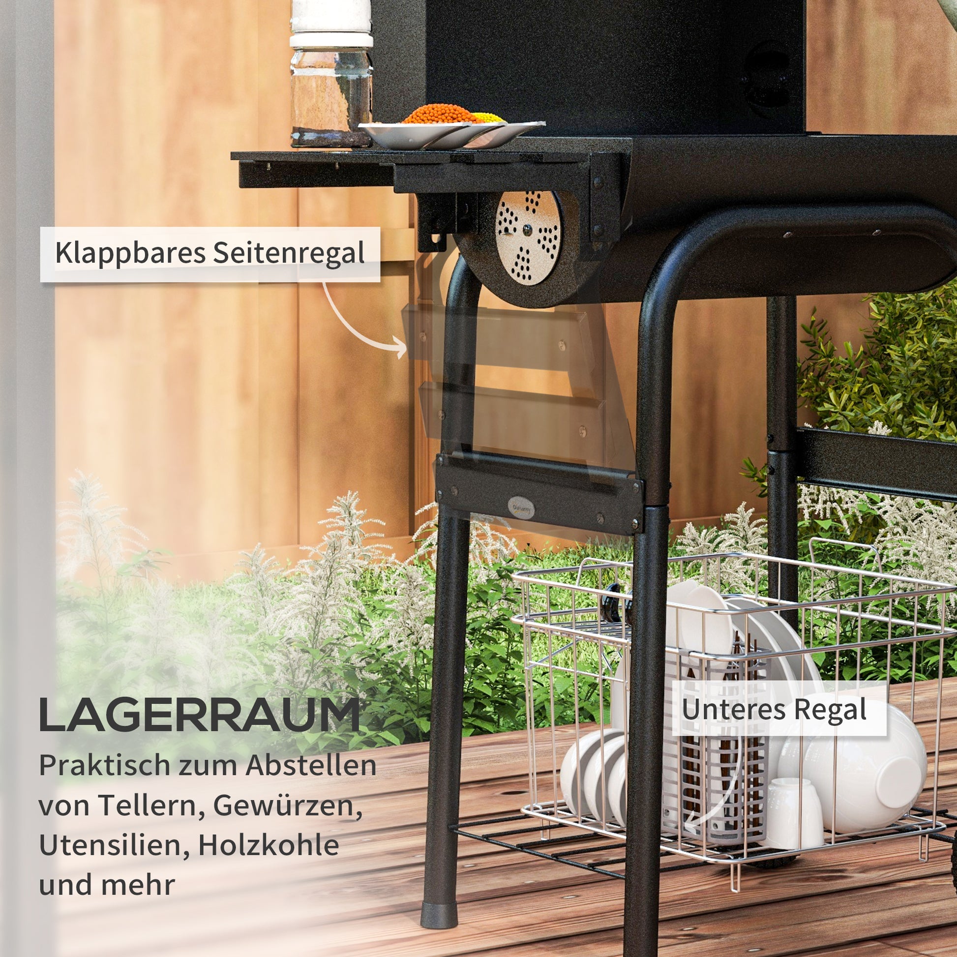 Charcoal Grill Cart with Lid, Shelves Camping Grill with Wheels, Lid, Thermometer, Chimney for Camping Garden Stainless Steel Black