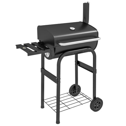Charcoal Grill Cart with Lid, Shelves Camping Grill with Wheels, Lid, Thermometer, Chimney for Camping Garden Stainless Steel Black