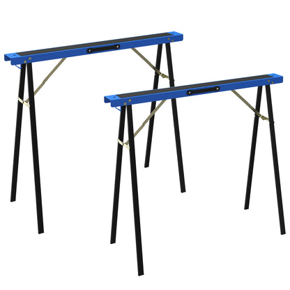 Set of 2 Folding Metal Work Sawhorses with EVA Anti-Slip Top, Carry Handle – Space-Saving Sawhorses for Woodworking, 350 kg (772 lb) Capacity, Blue & Black