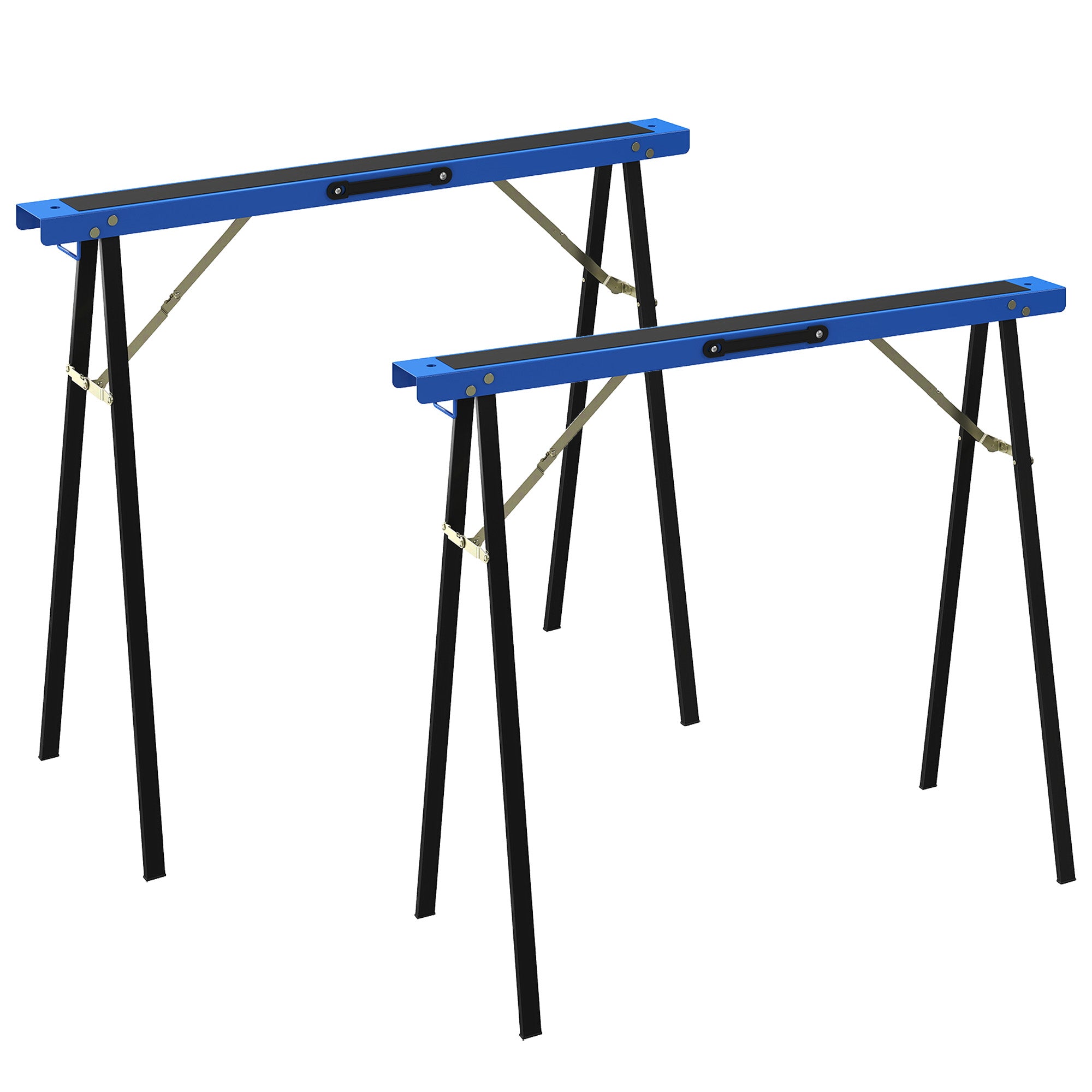 Set of 2 Folding Metal Work Sawhorses with EVA Anti-Slip Top, Carry Handle – Space-Saving Sawhorses for Woodworking, 350 kg (772 lb) Capacity, Blue & Black