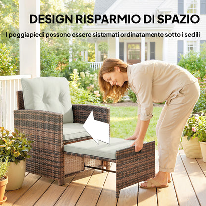 5-Piece Rattan Patio Set — 2 Space-Saving Footstools, 2 Armchairs, 2-Tier Coffee Table with Cushions — Brown/Cream