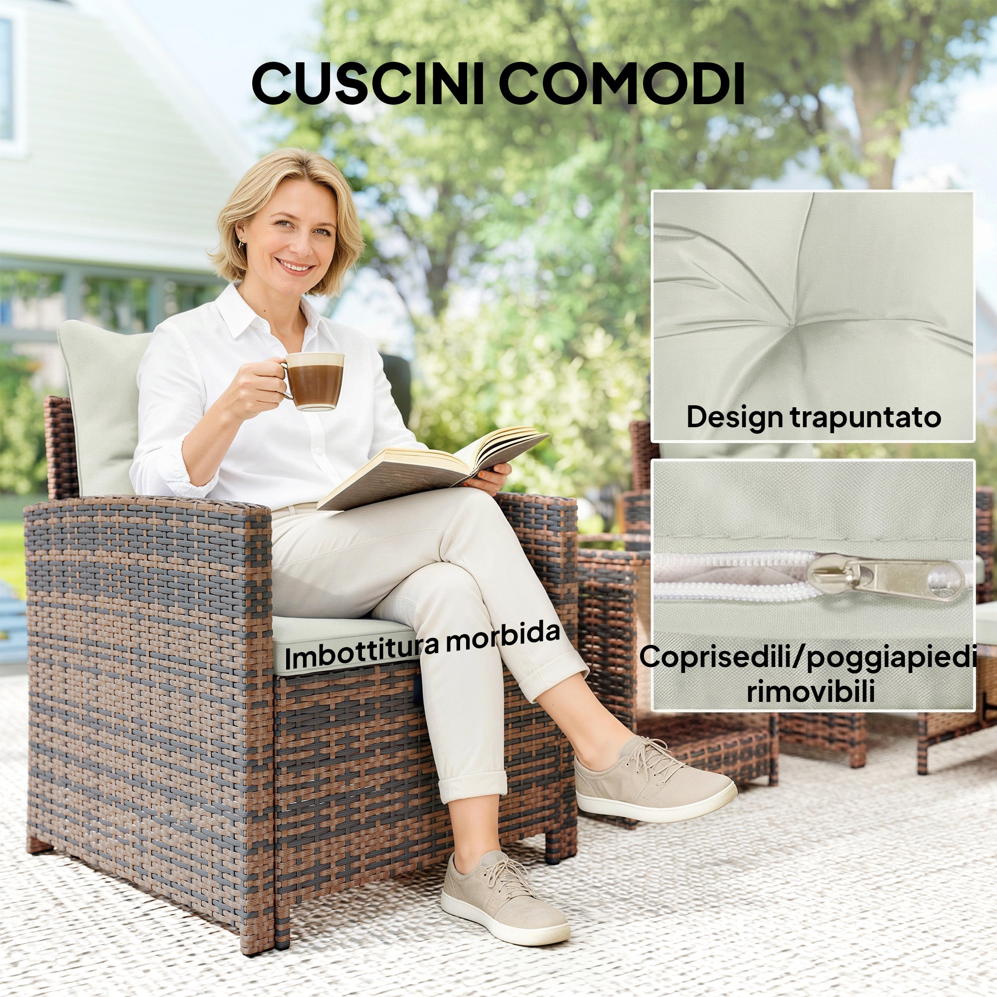 5-Piece Rattan Patio Set — 2 Space-Saving Footstools, 2 Armchairs, 2-Tier Coffee Table with Cushions — Brown/Cream