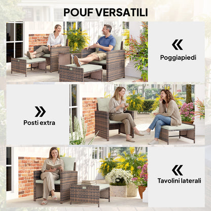 5-Piece Rattan Patio Set — 2 Space-Saving Footstools, 2 Armchairs, 2-Tier Coffee Table with Cushions — Brown/Cream