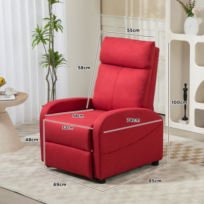 Manual Reclining Relax Armchair with Footrest, Linen Effect Fabric Reclining Armchair for Bedroom, Living Room, Red