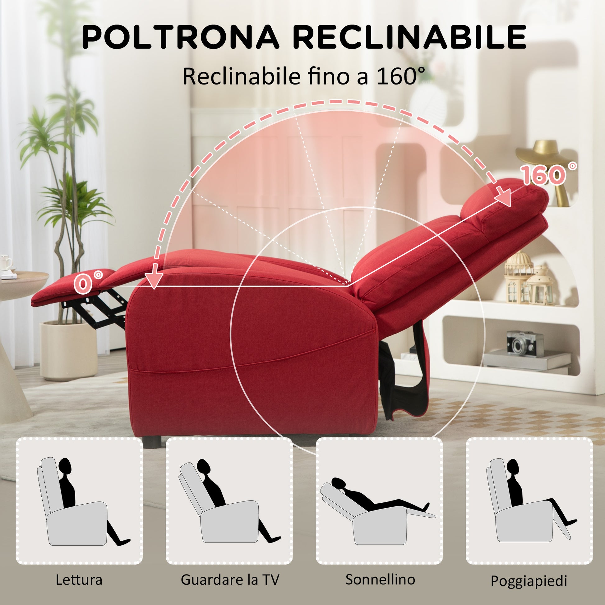 Manual Reclining Relax Armchair with Footrest, Linen Effect Fabric Reclining Armchair for Bedroom, Living Room, Red