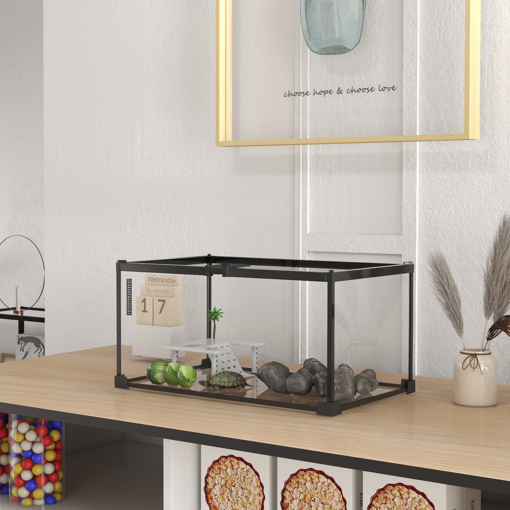Reptile Box Reptile Breeding Box Transparent Terrarium Habitat Sliding Lid Wire Mesh Water Dispenser Thermometer Included Glass Metal 50x30x25 cm White