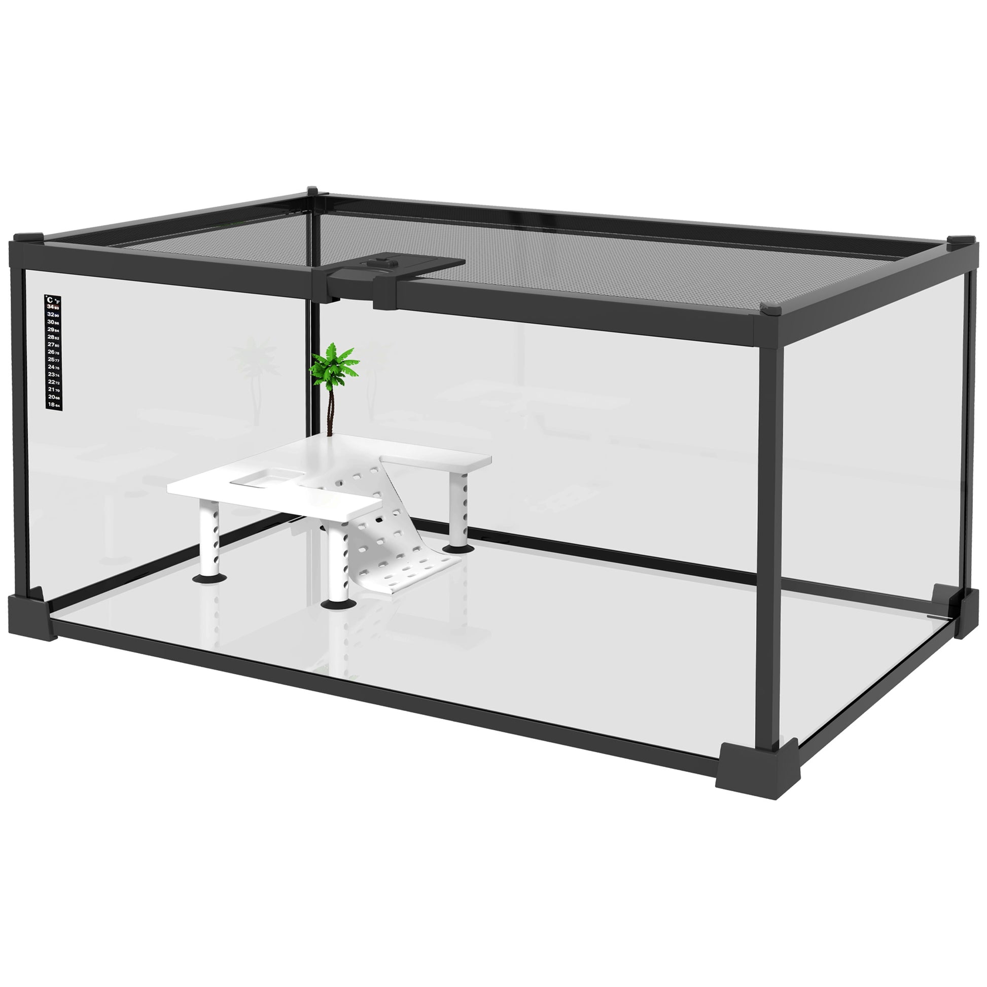 Reptile Box Reptile Breeding Box Transparent Terrarium Habitat Sliding Lid Wire Mesh Water Dispenser Thermometer Included Glass Metal 50x30x25 cm White