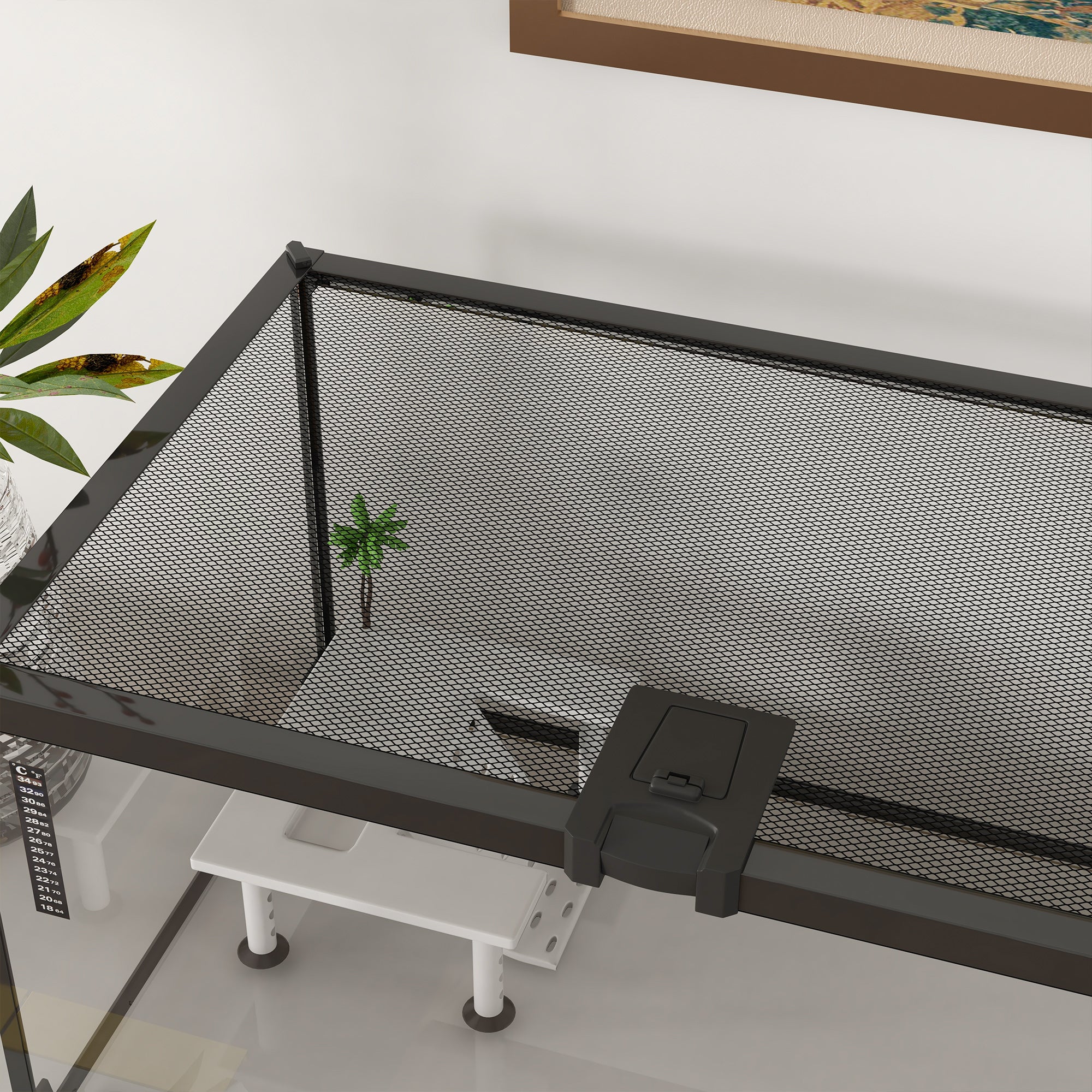 Reptile Box Reptile Breeding Box Transparent Terrarium Habitat Sliding Lid Wire Mesh Water Dispenser Thermometer Included Glass Metal 50x30x25 cm White