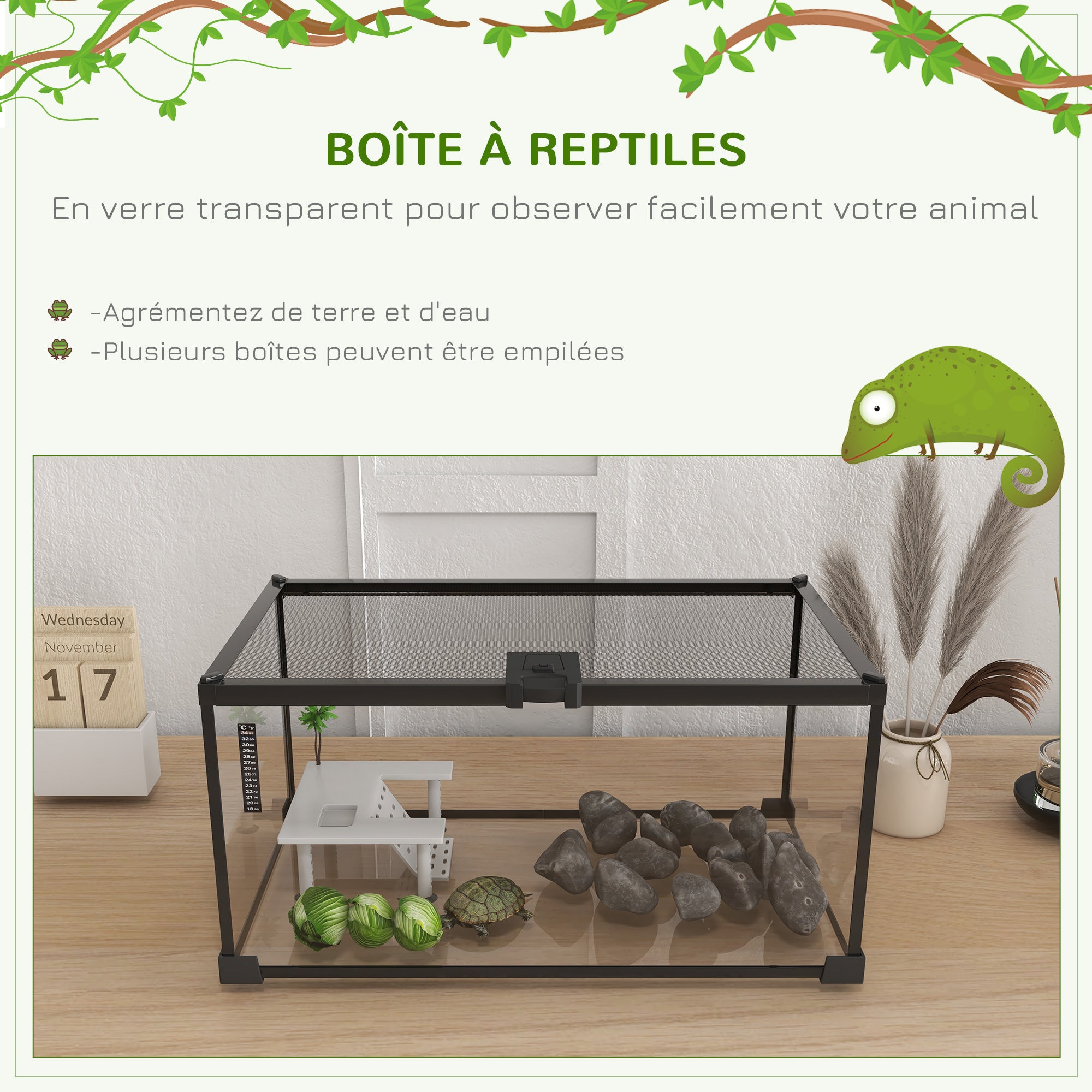 Reptile Box Reptile Breeding Box Transparent Terrarium Habitat Sliding Lid Wire Mesh Water Dispenser Thermometer Included Glass Metal 50x30x25 cm White