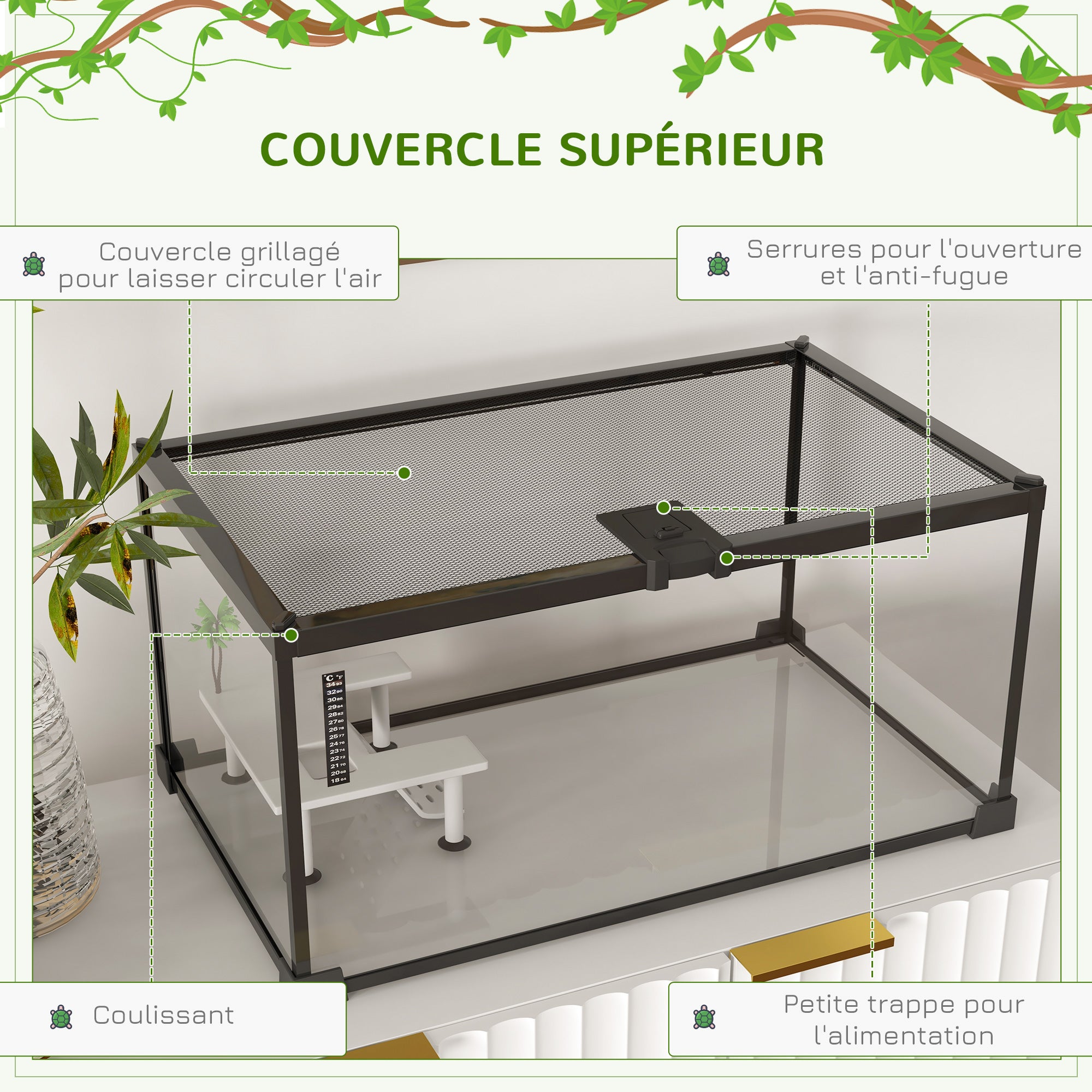Reptile Box Reptile Breeding Box Transparent Terrarium Habitat Sliding Lid Wire Mesh Water Dispenser Thermometer Included Glass Metal 50x30x25 cm White