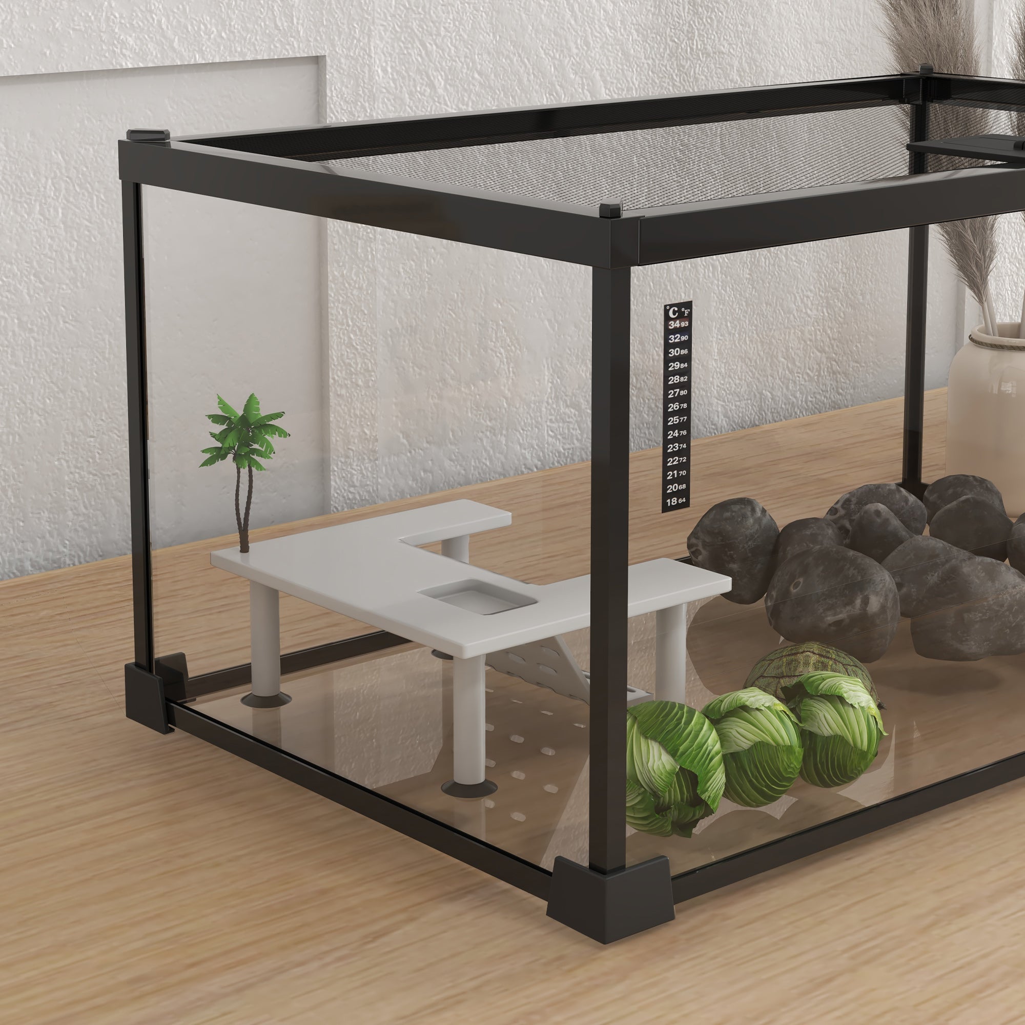 Reptile Box Reptile Breeding Box Transparent Terrarium Habitat Sliding Lid Wire Mesh Water Dispenser Thermometer Included Glass Metal 50x30x25 cm White