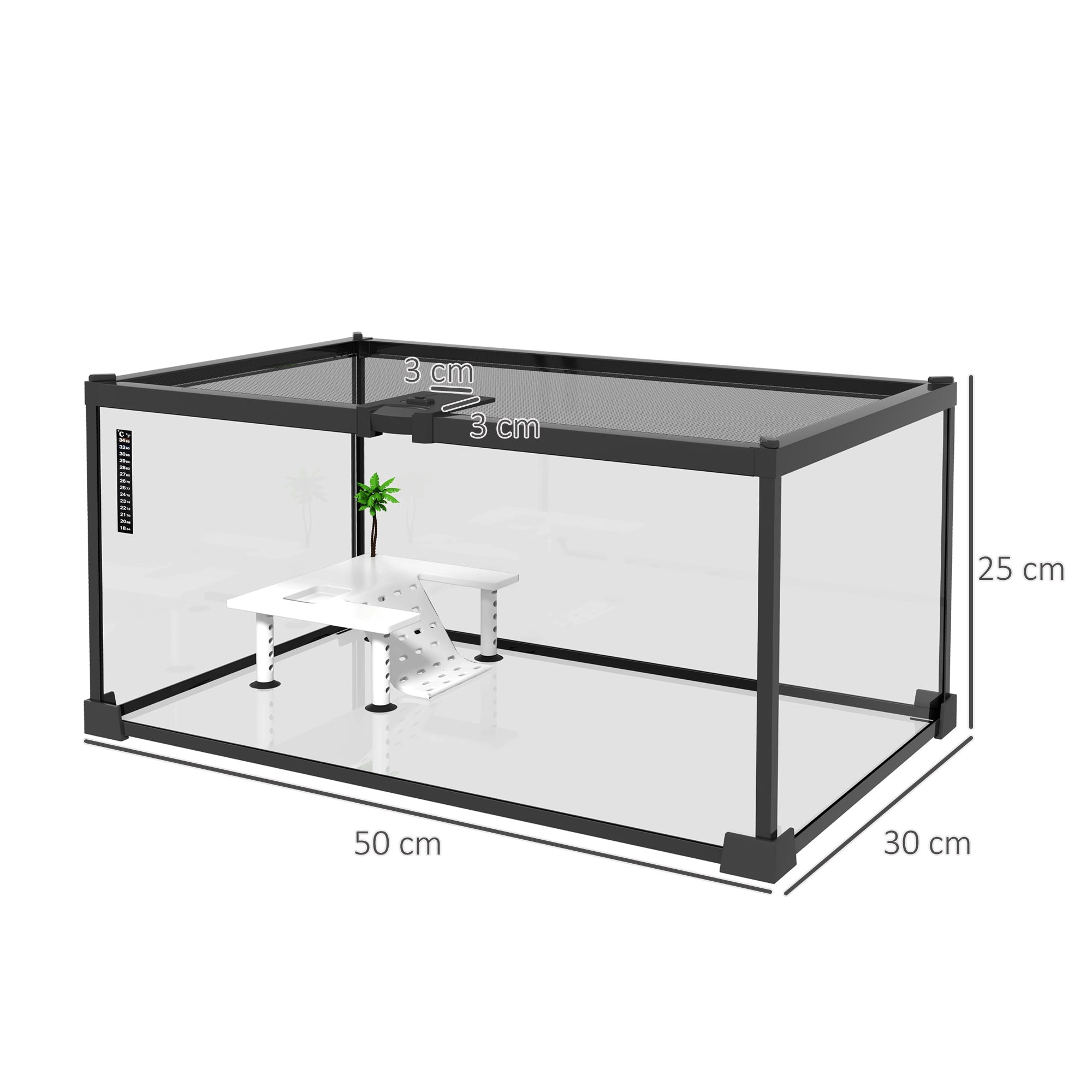 Reptile Box Reptile Breeding Box Transparent Terrarium Habitat Sliding Lid Wire Mesh Water Dispenser Thermometer Included Glass Metal 50x30x25 cm White