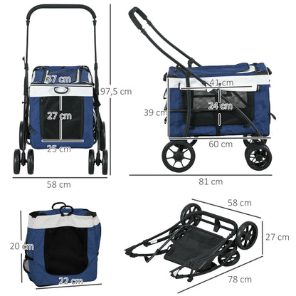 2 in 1 Dog Stroller Dog Buggy foldable for Dogs & Cats up to 10kg Cat Stroller with Cushion Mesh Windows Doors Storage Basket Cat Carriage Buggy Blue