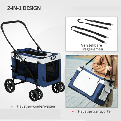 2 in 1 Dog Stroller Dog Buggy foldable for Dogs & Cats up to 10kg Cat Stroller with Cushion Mesh Windows Doors Storage Basket Cat Carriage Buggy Blue