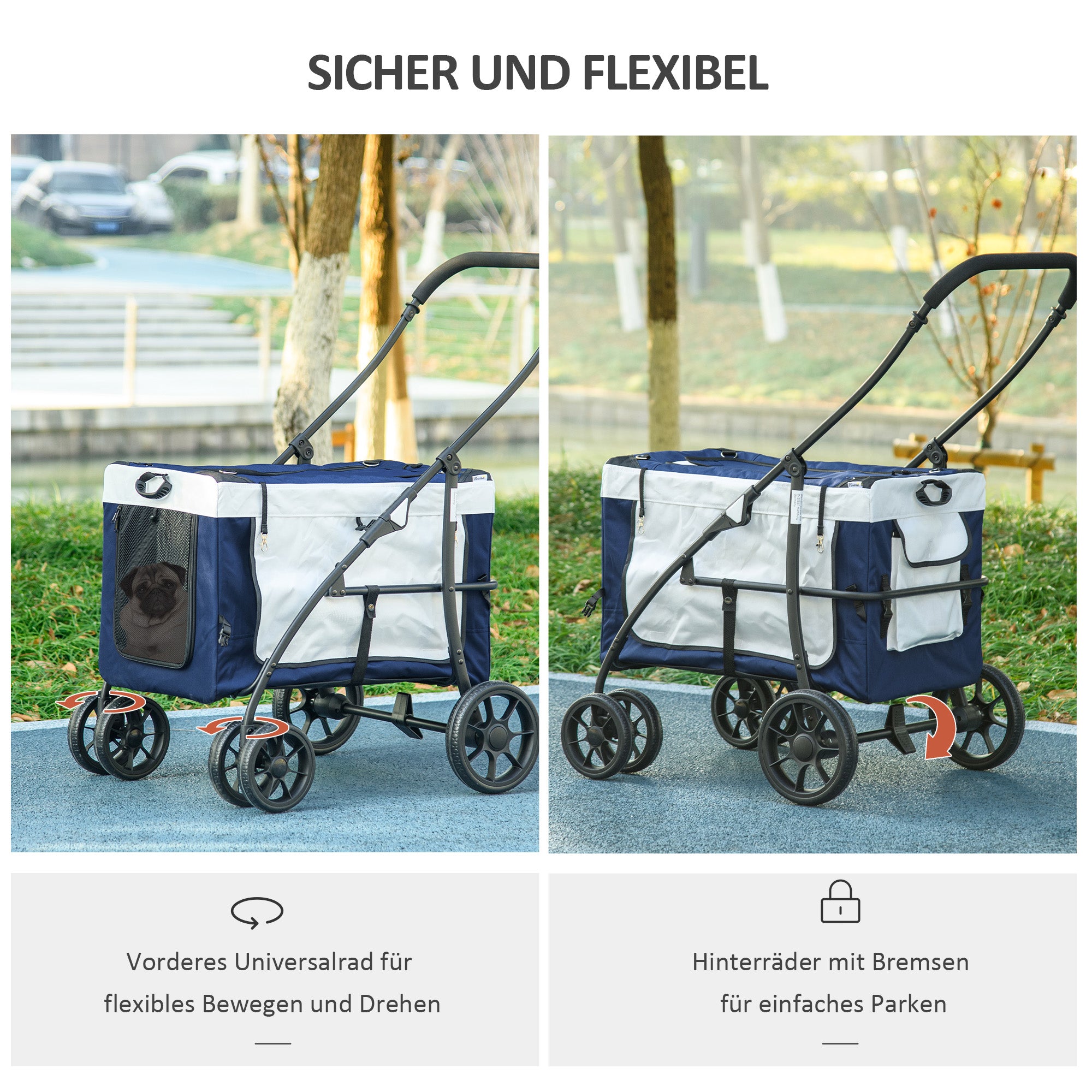 2 in 1 Dog Stroller Dog Buggy foldable for Dogs & Cats up to 10kg Cat Stroller with Cushion Mesh Windows Doors Storage Basket Cat Carriage Buggy Blue