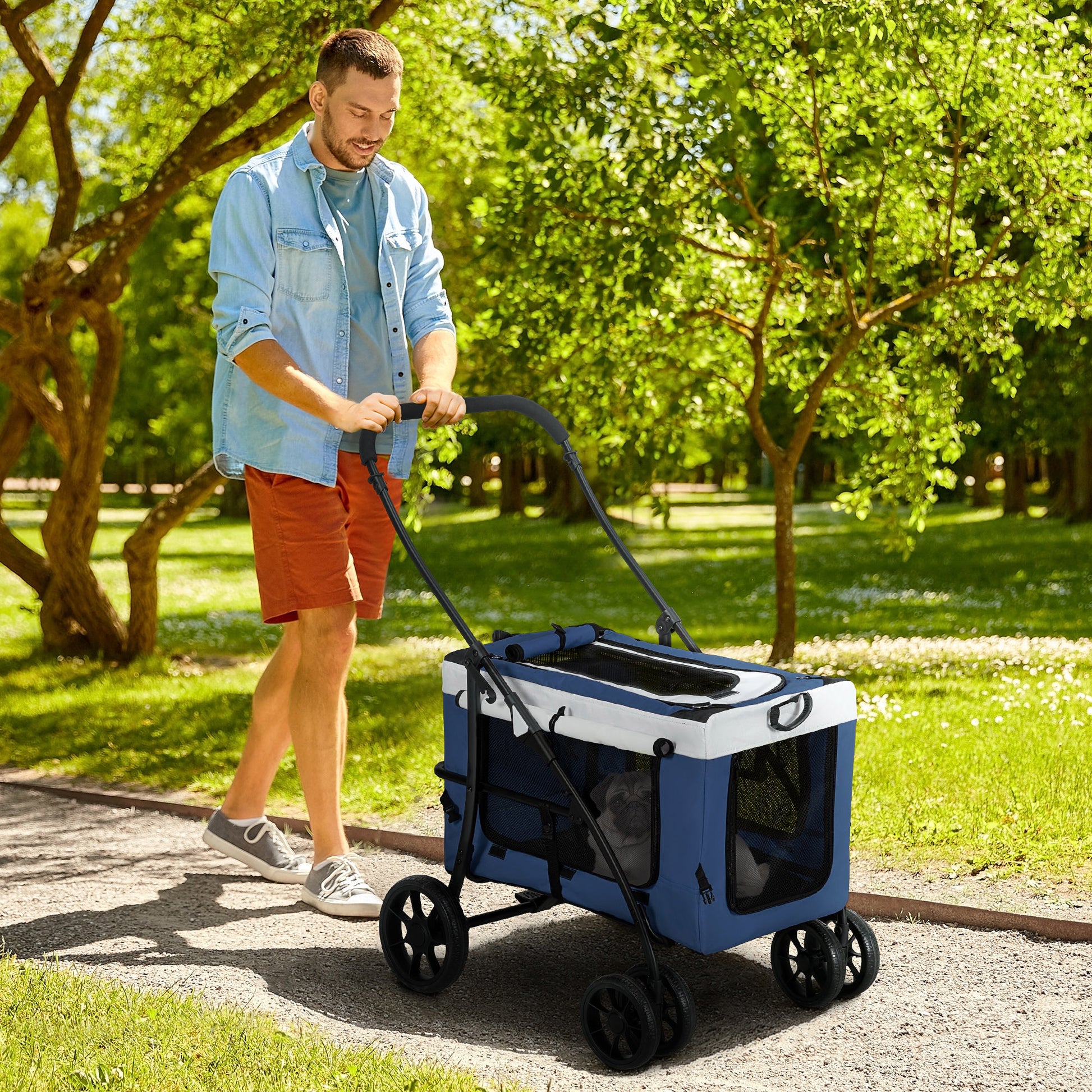 2 in 1 Dog Stroller Dog Buggy foldable for Dogs & Cats up to 10kg Cat Stroller with Cushion Mesh Windows Doors Storage Basket Cat Carriage Buggy Blue
