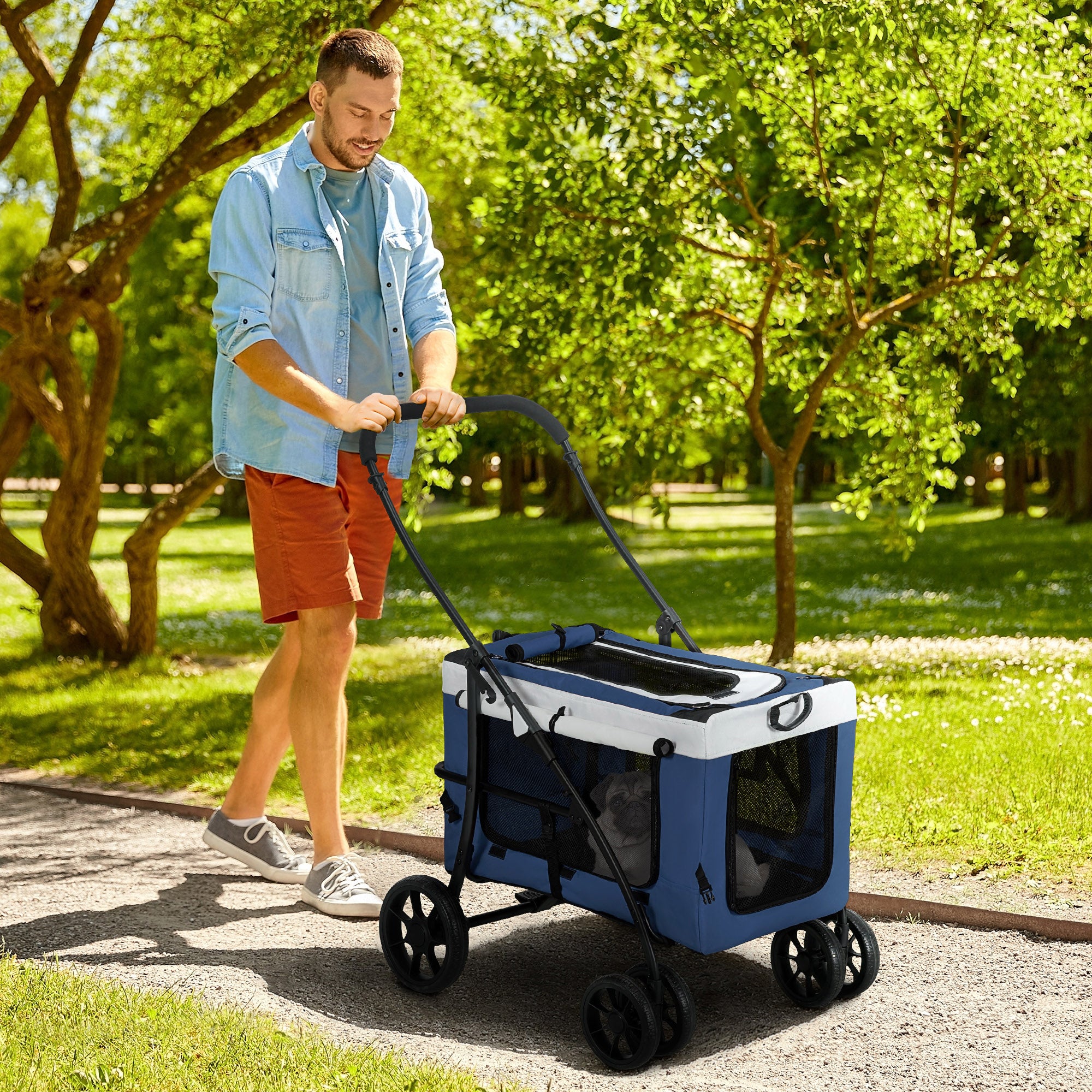 2 in 1 Dog Stroller Dog Buggy foldable for Dogs & Cats up to 10kg Cat Stroller with Cushion Mesh Windows Doors Storage Basket Cat Carriage Buggy Blue