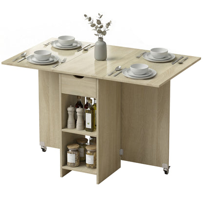 Foldable Dining Table with Drawer and 2 Shelves, Seats 2–4, Modern Space-Saving Kitchen/Dining Table, Natural Wood, 114.5 x 70 x 75 cm (45.1 x 27.6 x 29.5 in)