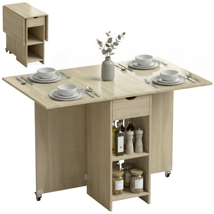 Foldable Dining Table with Drawer and 2 Shelves, Seats 2–4, Modern Space-Saving Kitchen/Dining Table, Natural Wood, 114.5 x 70 x 75 cm (45.1 x 27.6 x 29.5 in)