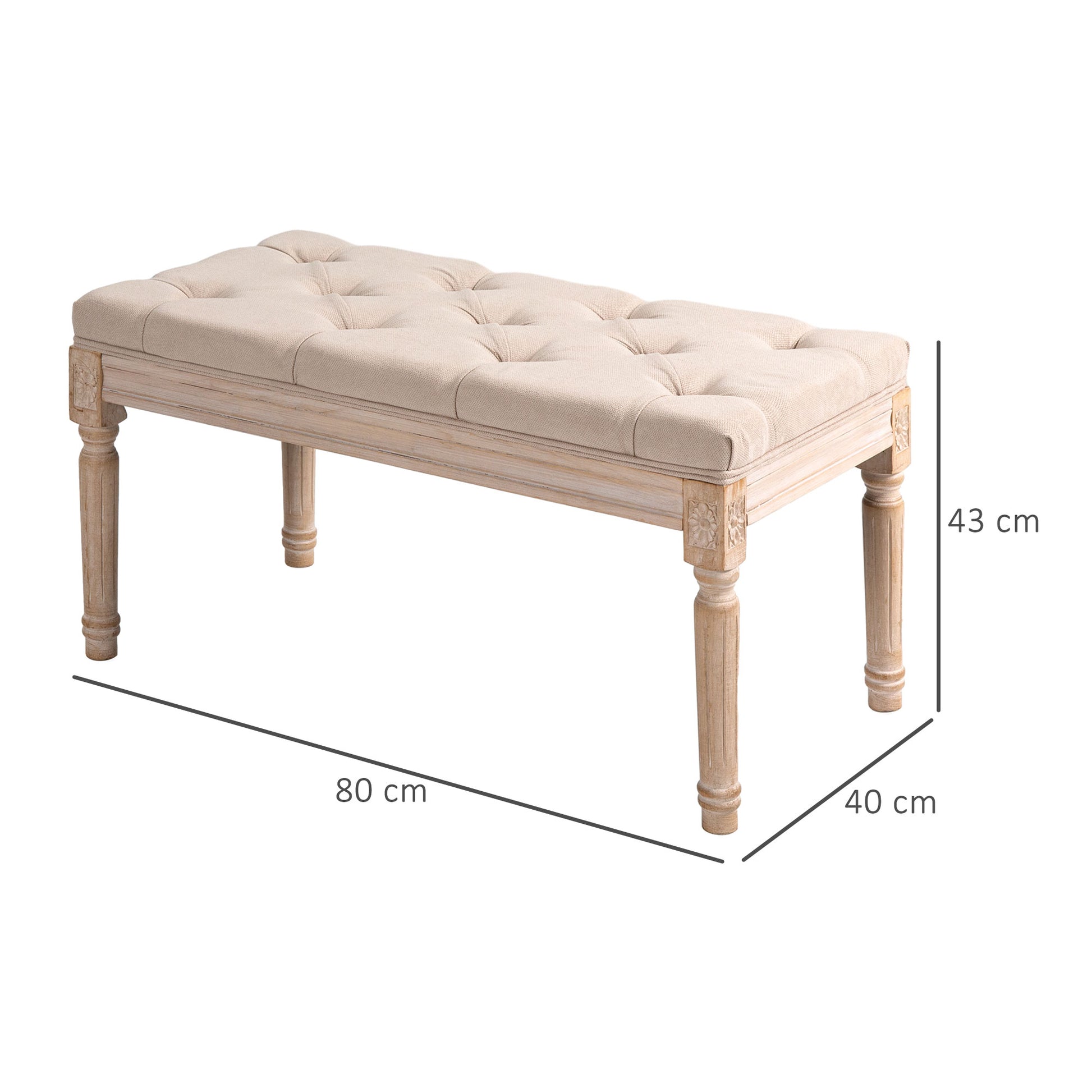 Upholstered Bench Vintage Seat Bench Bed Bench, Hallway Bench with Buttons, Linen Look, up to 120 kg Load Capacity, 80x40x43cm, Beige