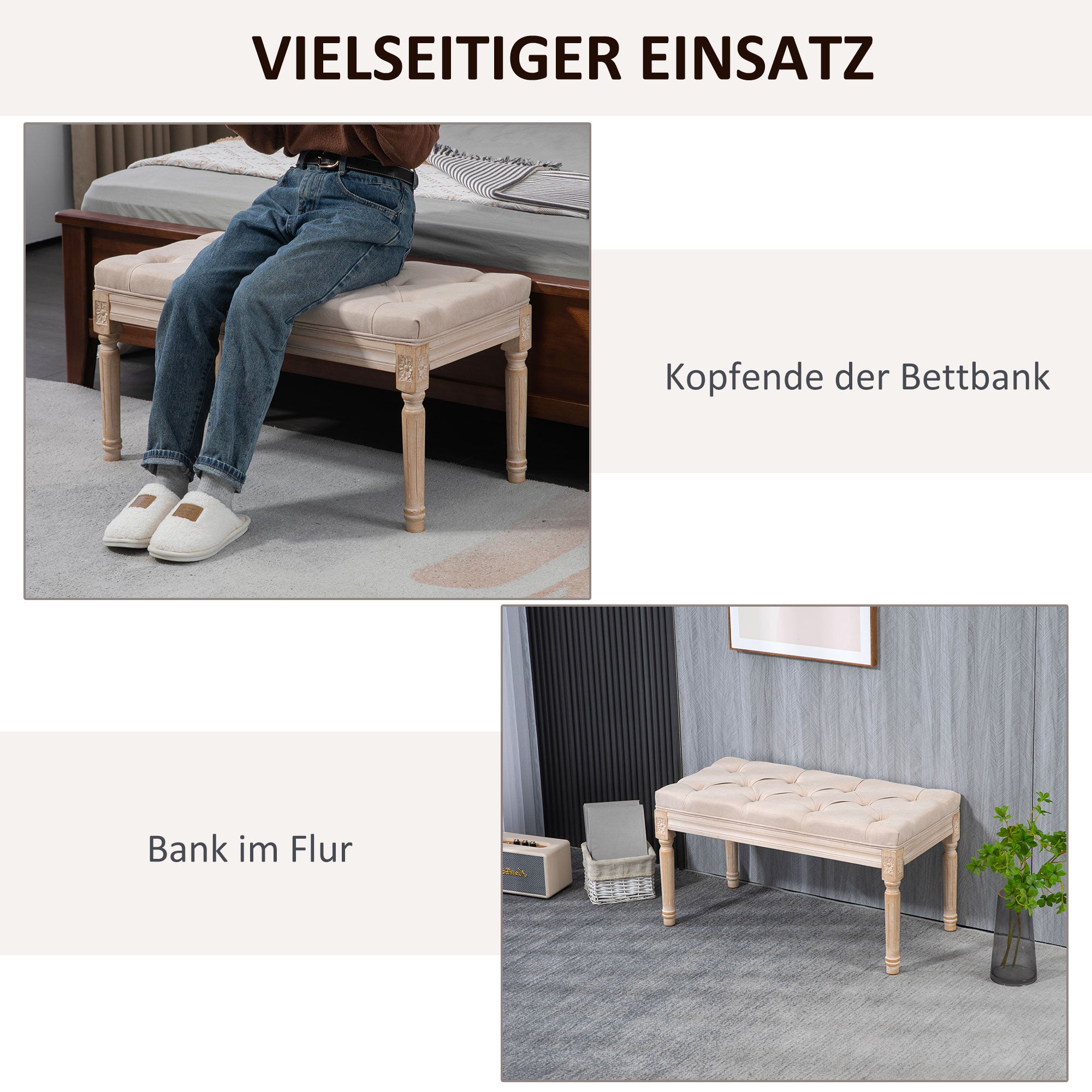 Upholstered Bench Vintage Seat Bench Bed Bench, Hallway Bench with Buttons, Linen Look, up to 120 kg Load Capacity, 80x40x43cm, Beige