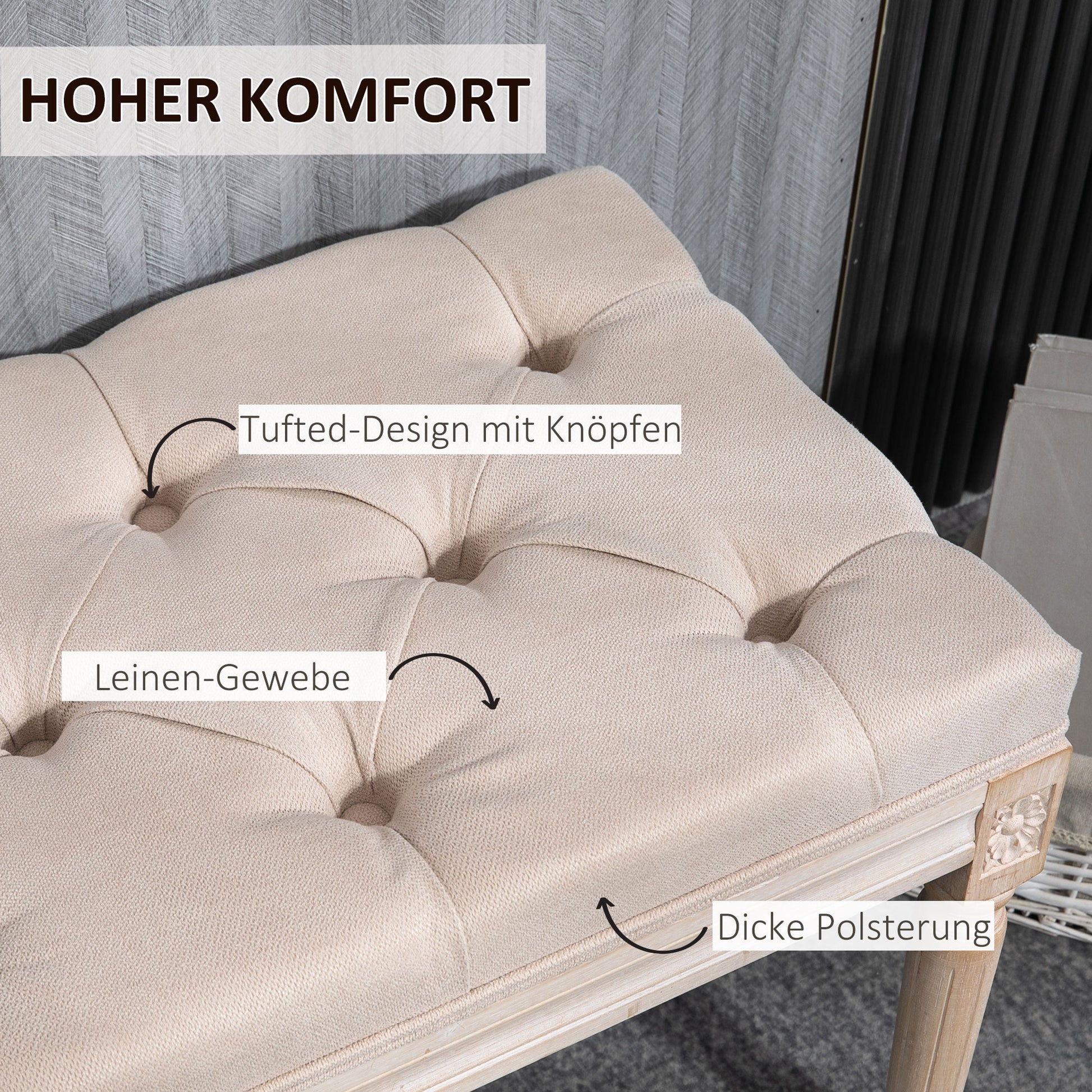 Upholstered Bench Vintage Seat Bench Bed Bench, Hallway Bench with Buttons, Linen Look, up to 120 kg Load Capacity, 80x40x43cm, Beige